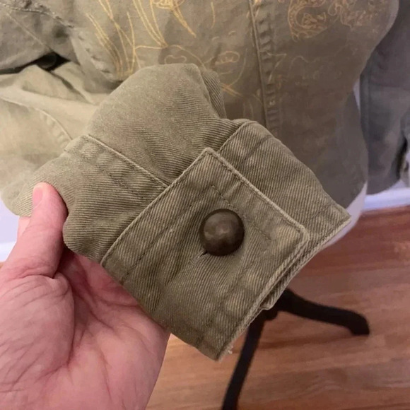 SO Olive Green Cotton Denim Jacket Gold Floral L - Picture 7 of 9